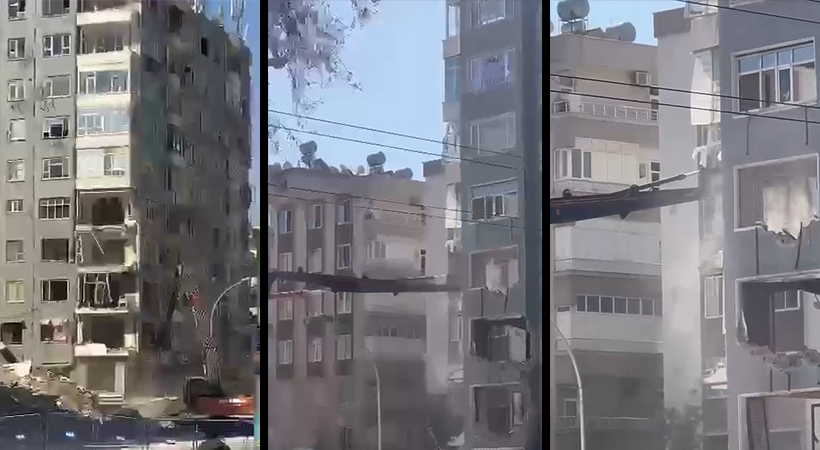 Urfa'da Depremden Ağır Hasar Gören Binanın Yıkımına Başlandı;