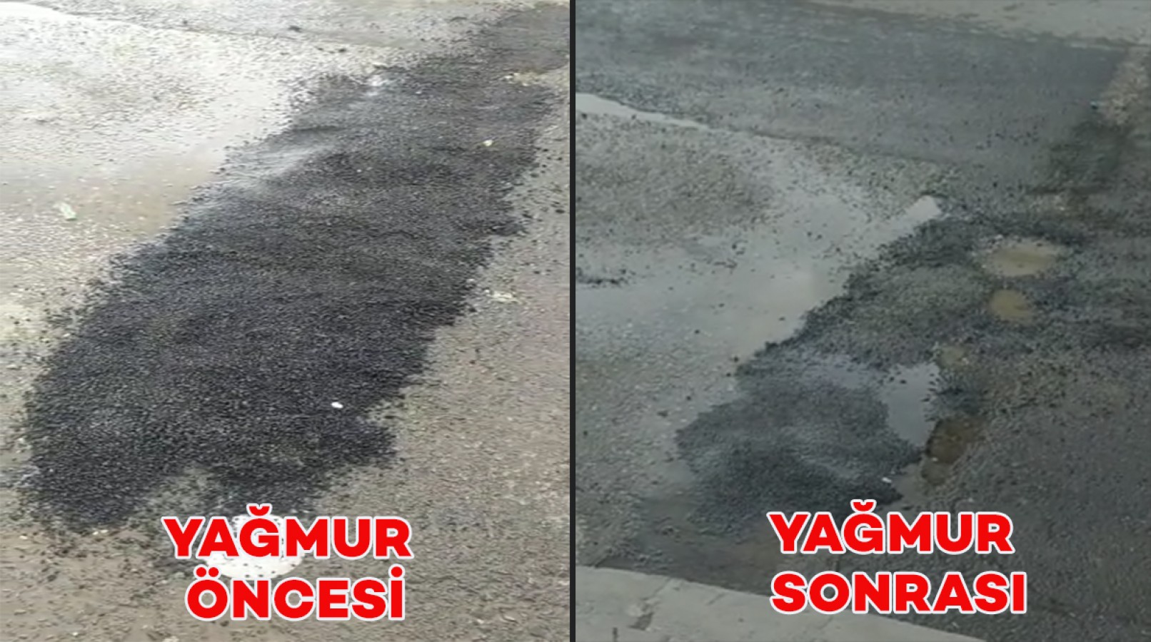 Asfalt dökülen yol yağmur sonrası eski haline döndü;